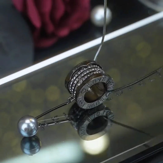 14K Gold-Plated Diamond Ring Pearl Long Necklace worn to showcase its length and pendant detail