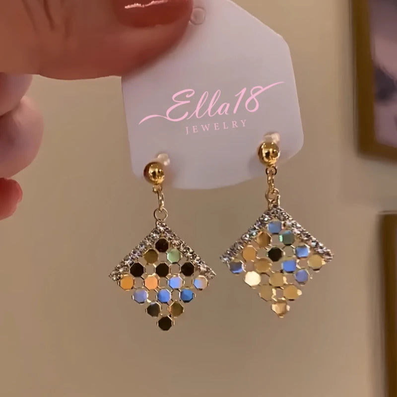 14K Gold-Plated Diamond Sequined Earrings - elegant Sequined Earrings