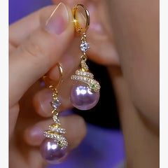 14K Gold-Plated Diamond Snake Purple Pearl Earrings - elegant Snake Pearl Earrings