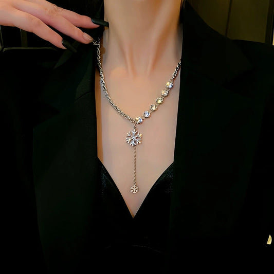 14K Gold-Plated Christmas Diamond Snowflake Necklaces worn to showcase its length and pendant detail