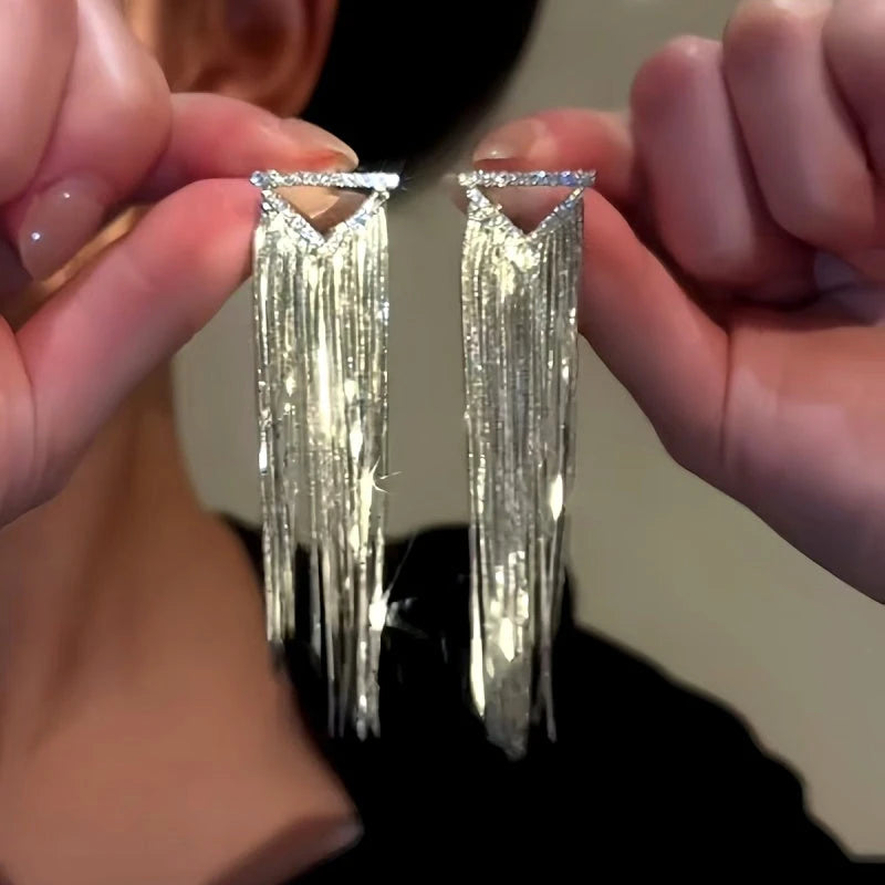 14K Gold-Plated Diamond Tassel Earrings - elegant White Gold Tassel Earrings