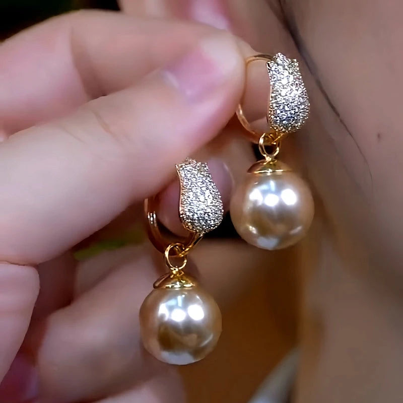 14K Gold-Plated Diamond Tulip Brown Pearl Earrings - elegant Tulip Pearl Earrings