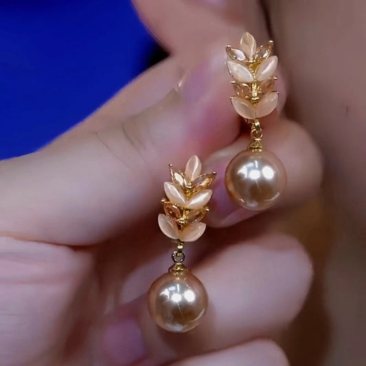 14K Gold-Plated Diamond Wheat Pearl Earrings - elegant Wheat Pearl Earrings