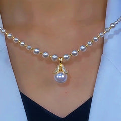 14K Gold-Plated Diamond White Pearl Necklace - beautiful White Pearl Necklace