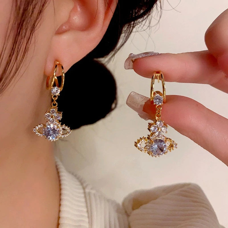 14K Gold-Plated Diamond Zircon Planet Earrings - elegant Planet Earrings