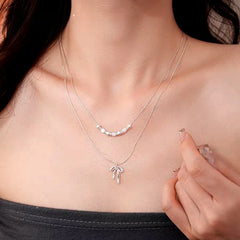 14K Gold-Plated Double-Layer Bead Bow Necklace - beautiful Double-Layer Necklace