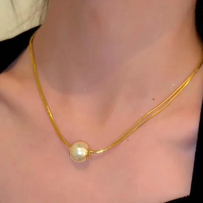 14K Gold-Plated Double-Layer Brushed Pearl Necklaces - beautiful Double-Layer Pearl Necklace