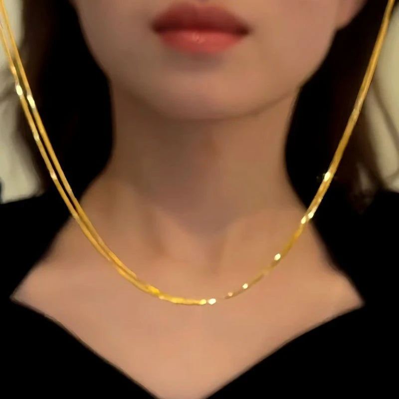 14K Gold-Plated Double-Layer Brushed Pearl Necklaces worn to showcase its length and pendant detail