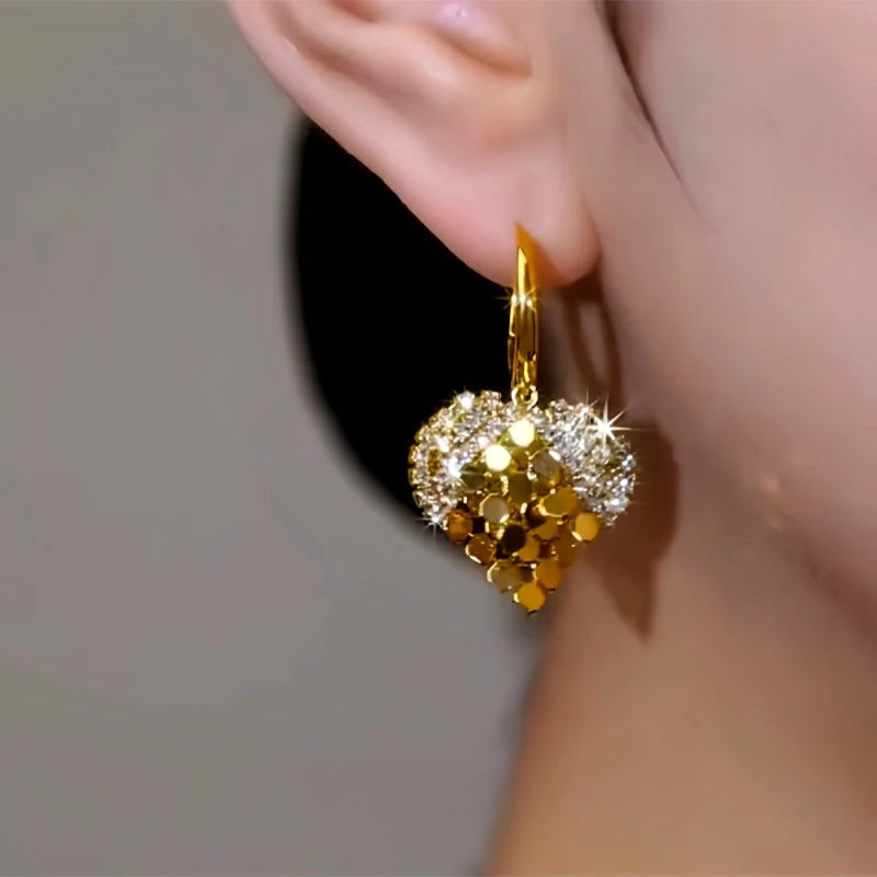 14K Gold-Plated Double-Layer Diamond Sequin Heart Earrings - elegant Heart Earrings