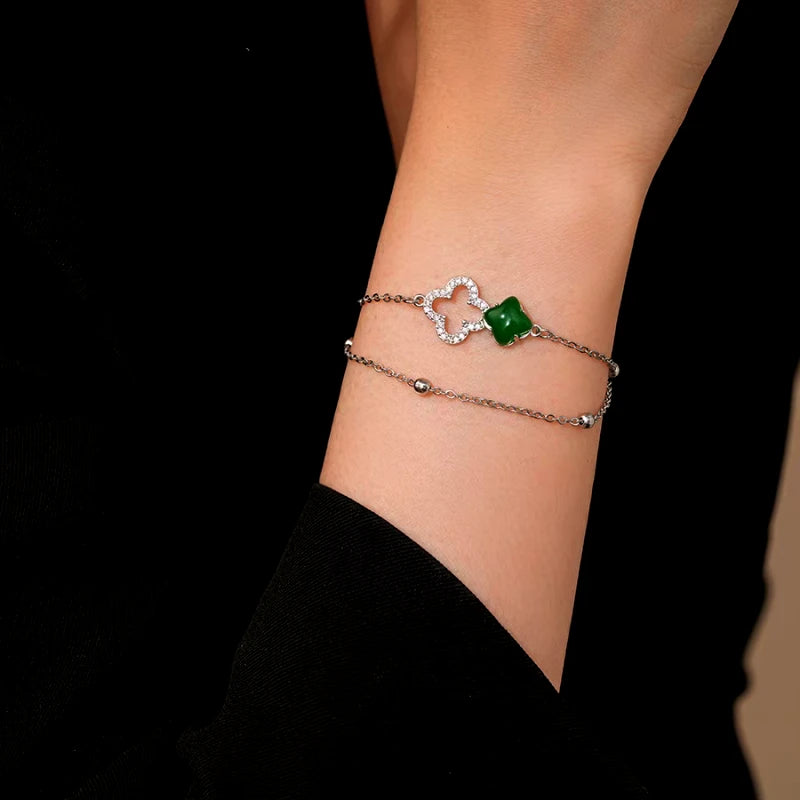 14K Gold-Plated Double-Layer Four-Leaf Zircon Diamond Bracelets - chic Four-Leaf Bracelet