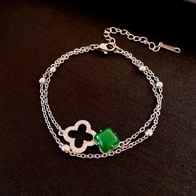 Full view of the elegant 14K Gold-Plated Double-Layer Four-Leaf Zircon Diamond Bracelets