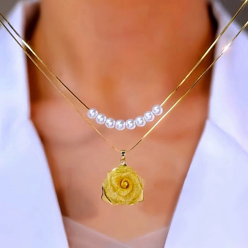 14K Gold-Plated Double-Layer Gold Rose Pearl Necklace - beautiful Rose Pearl Necklace