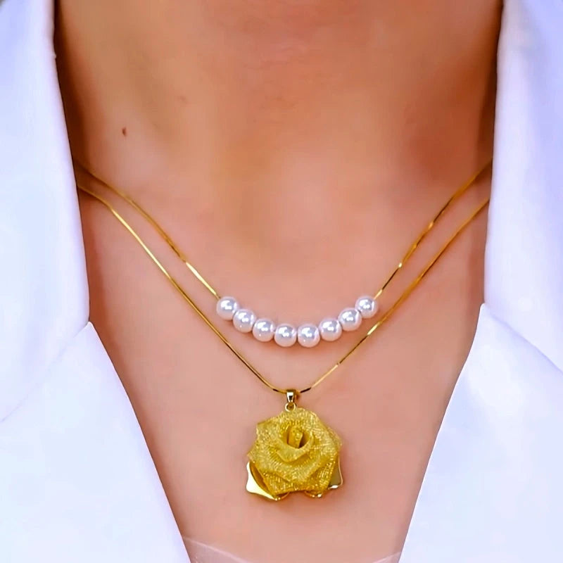 Close-up of the pendant and clasp on the Rose Pearl Necklace