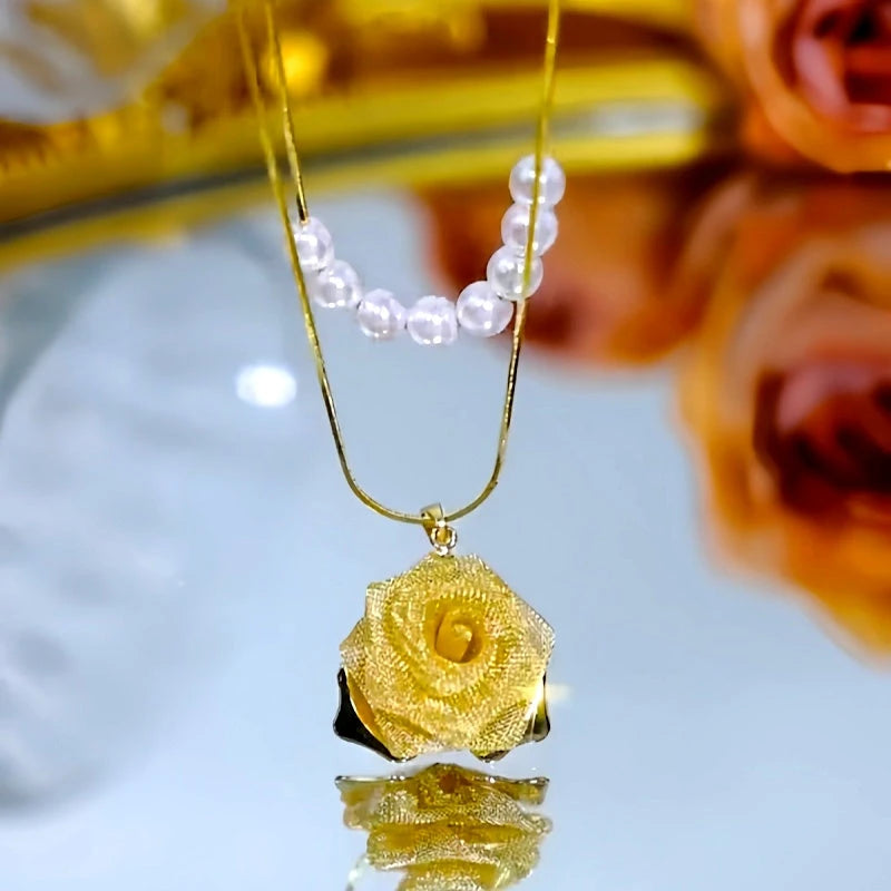 Detailed view of the 14K Gold-Plated Double-Layer Gold Rose Pearl Necklace chain and pendant