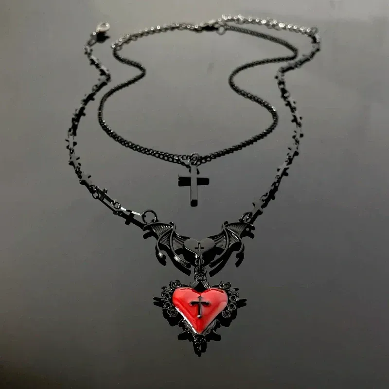 14K Gold-Plated Double-Layer Love Bat Cross Necklace worn to showcase its length and pendant detail