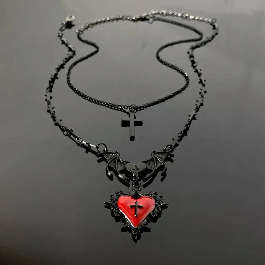 14K Gold-Plated Double-Layer Love Bat Cross Necklace worn to showcase its length and pendant detail