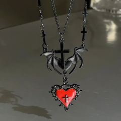 Detailed view of the 14K Gold-Plated Double-Layer Love Bat Cross Necklace chain and pendant