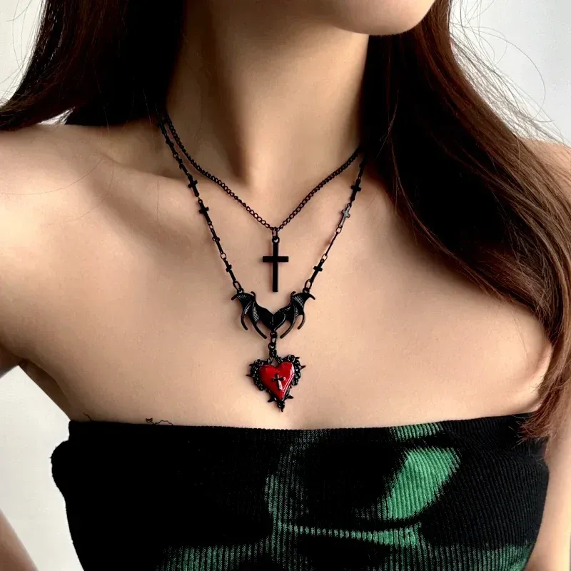 14K Gold-Plated Double-Layer Love Bat Cross Necklace - beautiful Bat Cross Necklace