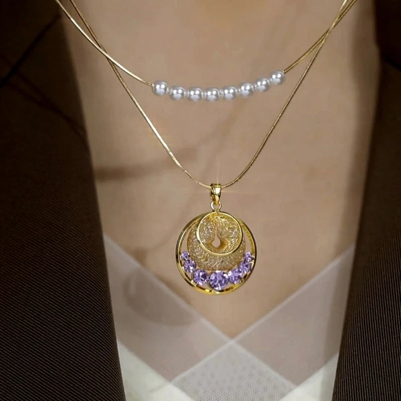 14K Gold-Plated Double-Layer Pearl Hollow Mesh Purple Zircon Disc Pendant Necklace - beautiful Purple Zircon Necklace
