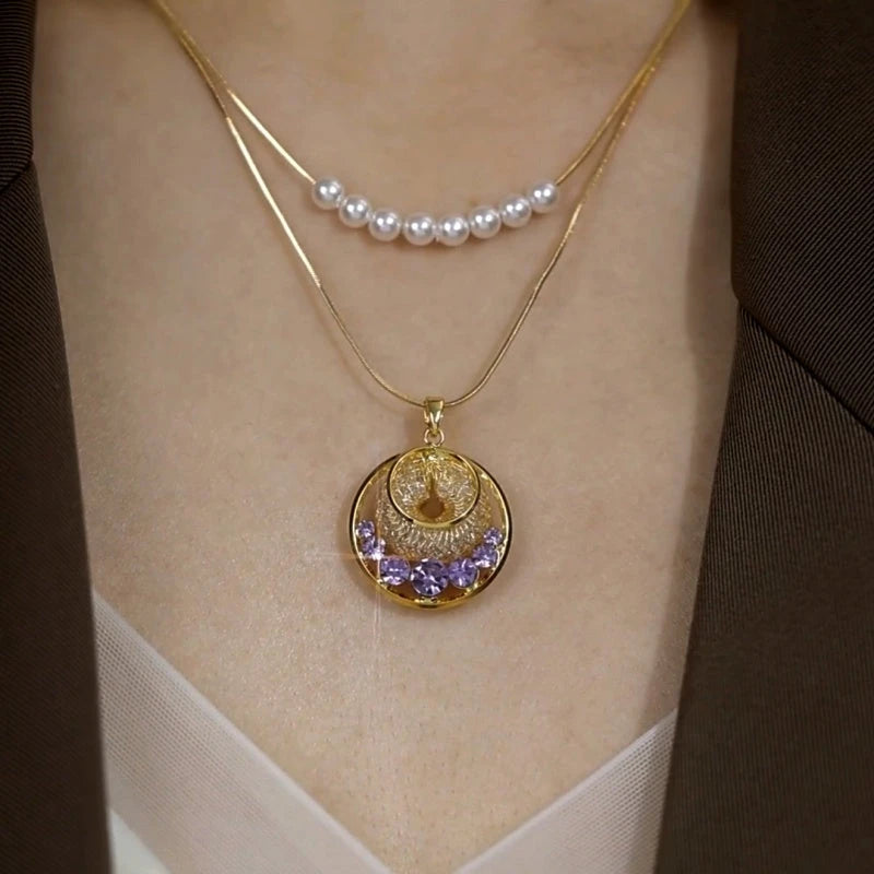 14K Gold-Plated Double-Layer Pearl Hollow Mesh Purple Zircon Disc Pendant Necklace worn to showcase its length and pendant detail