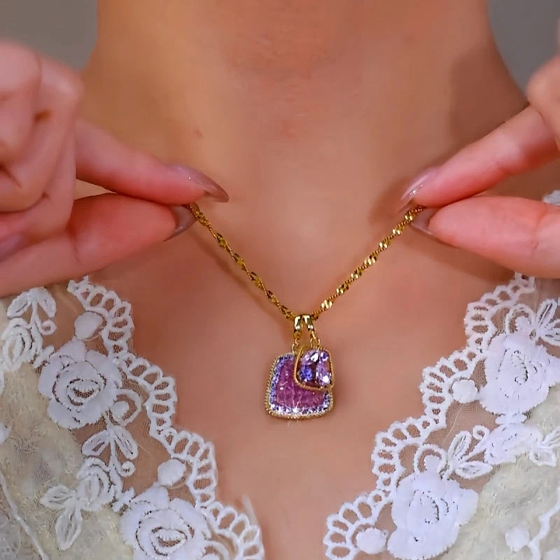 14K Gold-Plated Double-Layer Purple Diamond Crsytal Pendant Necklace worn to showcase its length and pendant detail
