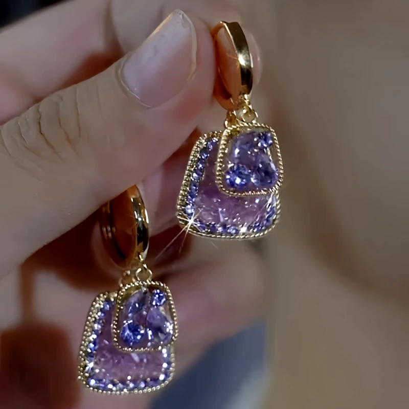 14K Gold-Plated Double-Layer Purple Diamond Crystal Tassel Earrings - elegant Purple Tassel Earrings
