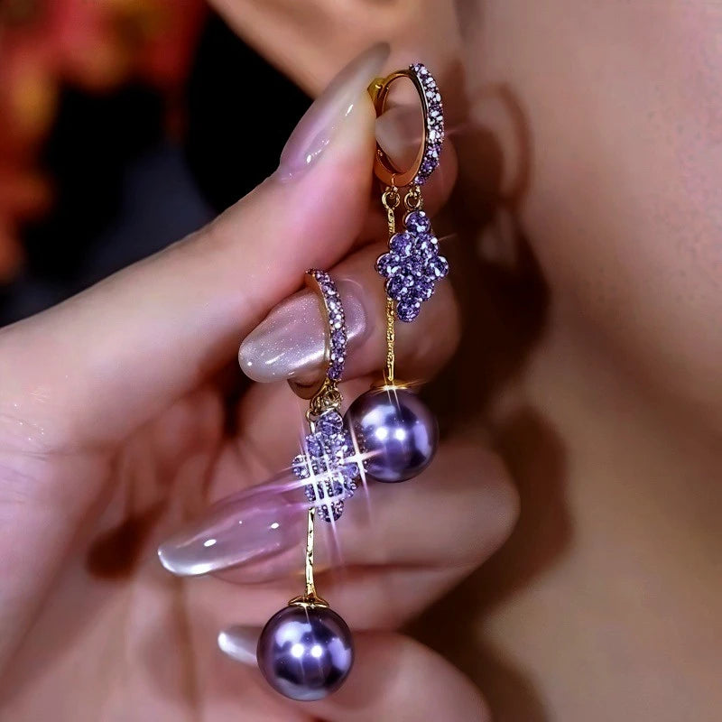 14K Gold-Plated Double-Layer Purple Zircon Diamond Pearl Earrings - elegant Purple Zircon Earrings