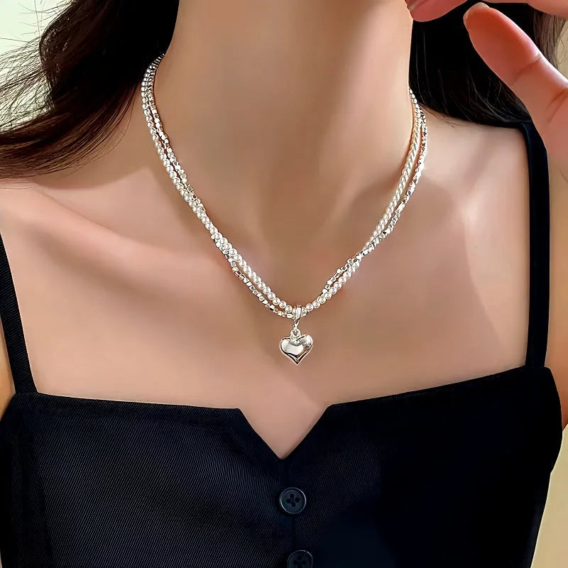 14K Gold-Plated Double-Layer Silver Heart Pendant Necklace - beautiful Silver Heart Necklace