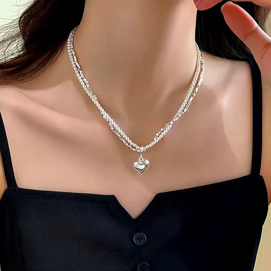 14K Gold-Plated Double-Layer Silver Heart Pendant Necklace - beautiful Silver Heart Necklace