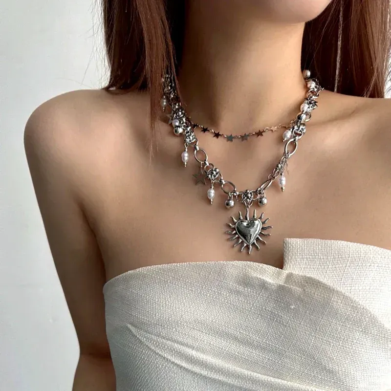 14K Gold-Plated Double-Layer Star Bead Heart Necklace worn to showcase its length and pendant detail