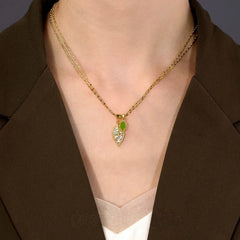 14K Gold-Plated Double-Layer Zircon Green Oil Drop Leaf Necklace worn to showcase its length and pendant detail