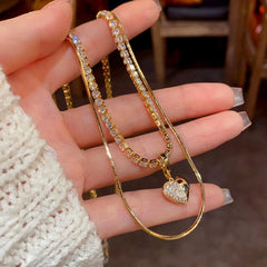 Detailed view of the 14K Gold-Plated Double-Layer Zircon Love Pendant Necklace chain and pendant