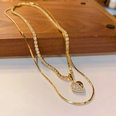 14K Gold-Plated Double-Layer Zircon Love Pendant Necklace worn to showcase its length and pendant detail