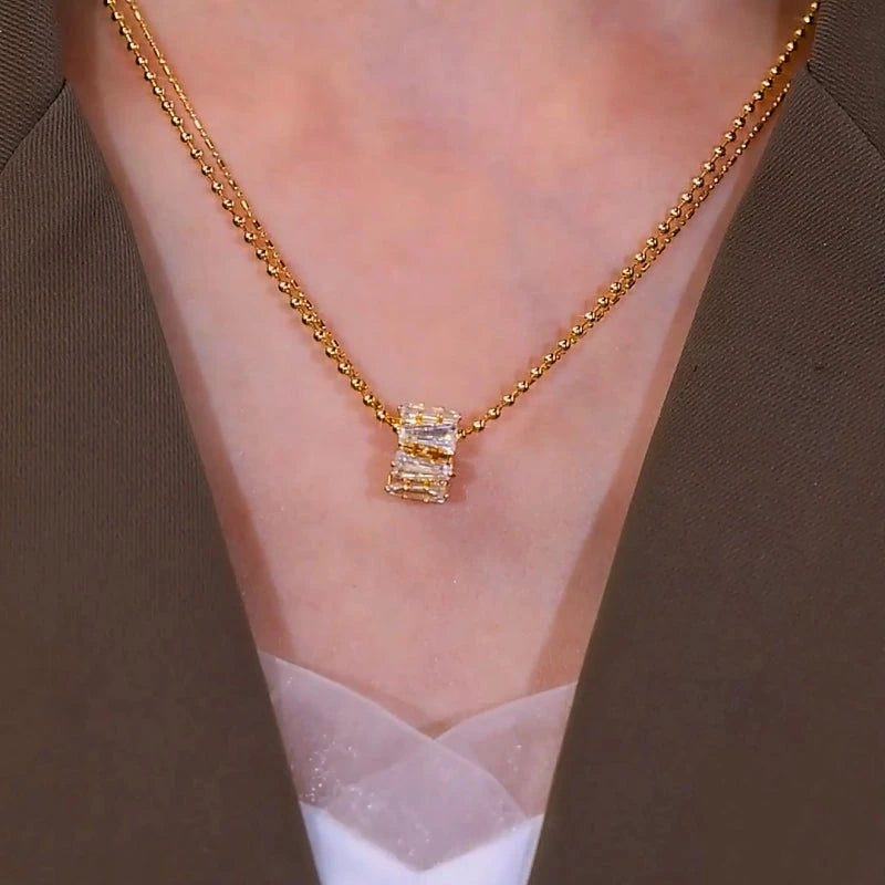 14K Gold-Plated Double-Layer Zircon RIng Pendant Necklace worn to showcase its length and pendant detail