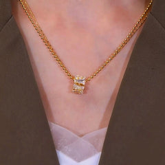 14K Gold-Plated Double-Layer Zircon RIng Pendant Necklace worn to showcase its length and pendant detail