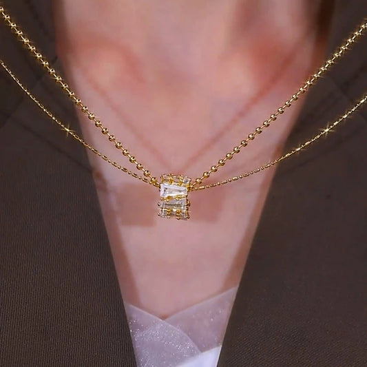 14K Gold-Plated Double-Layer Zircon RIng Pendant Necklace - beautiful Ring Pendant Necklace