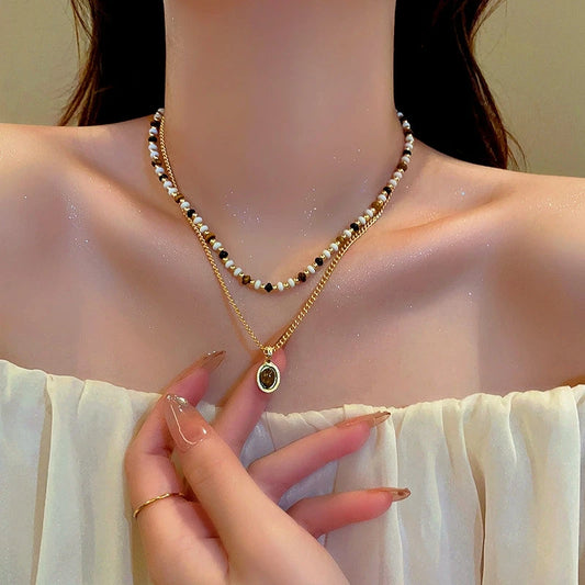 14K Gold-Plated Double-Layered Tiger Eye Stone Pendant Necklace - beautiful Tiger Eye Necklace