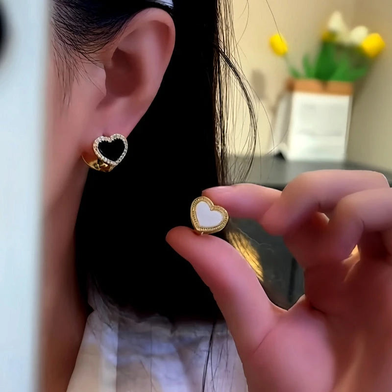 14K Gold-Plated Double-Sided Black And White Heart Earrings - elegant Double-Sided Heart Earrings