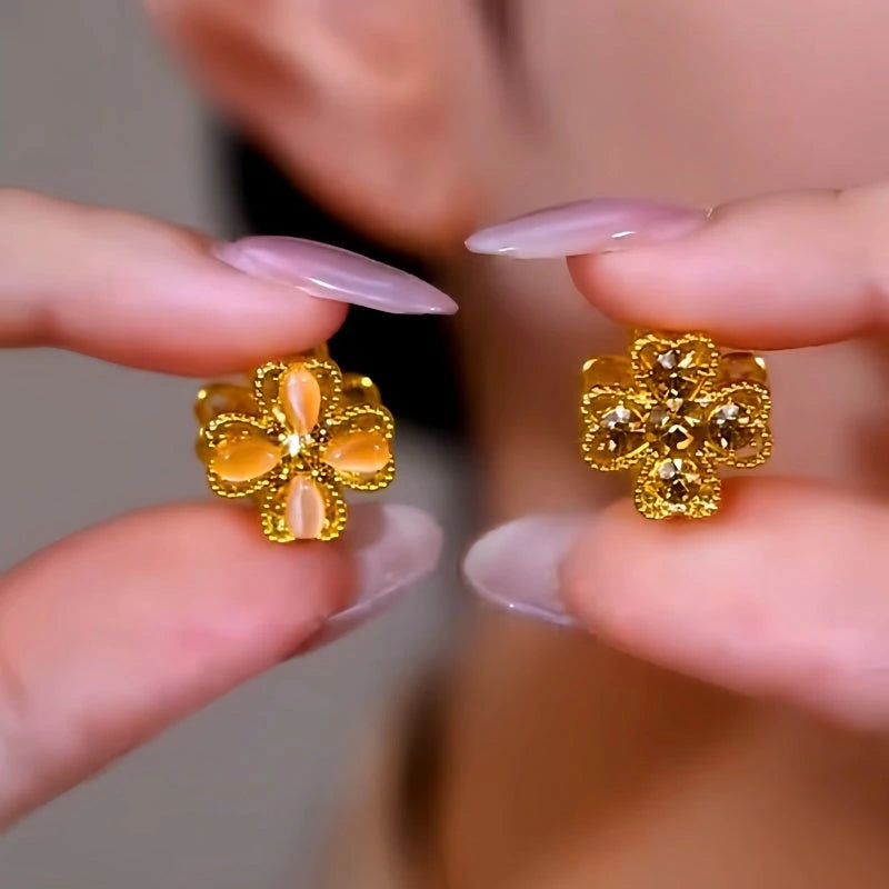 14K Gold-Plated Double-Sided Cat's Eye Flower Earrings - elegant Double-Sided Flower Earrings