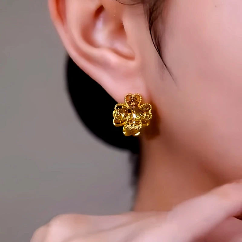 Close-up detail of the sparkling zircons and plating on the Double-Sided Flower Earrings