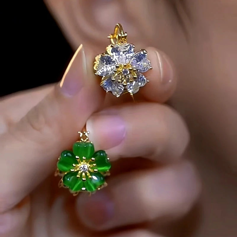 14K Gold-Plated Double-Sided Zircon Flower Earrings - elegant Double-Sided Flower Earrings