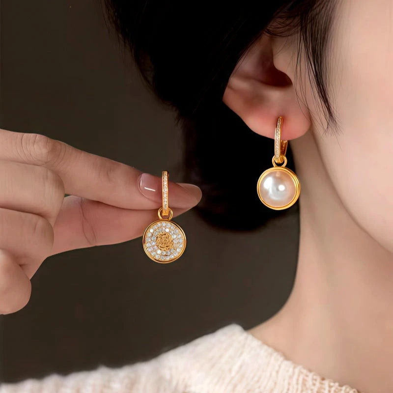 14K Gold-Plated Double-Sided Zircon Pearl Earrings - elegant Double-Sided Pearl Earrings