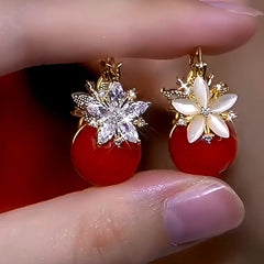 14K Gold-Plated Double-Sided Zircon Pearl Flower Earrings - elegant Double-Sided Flower Earrings