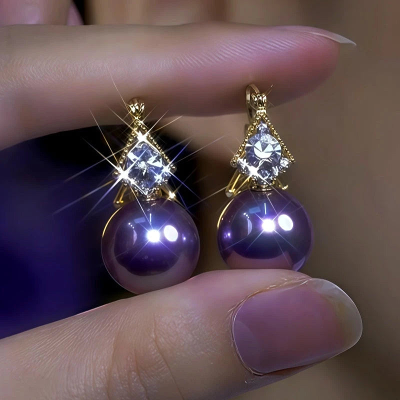 14K Gold-Plated Double-Sided Zircon Purple Pearl Earrings - elegant Double-Sided Pearl Earrings