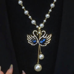 14K Gold-Plated Double Goose Pearl Necklace worn to showcase its length and pendant detail