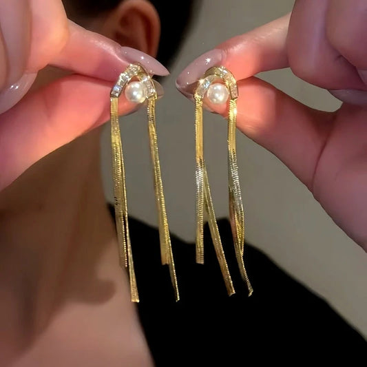 14K Gold-Plated Elegan Zircon Pearl Tassel Earrings - elegant Pearl Tassel Earrings