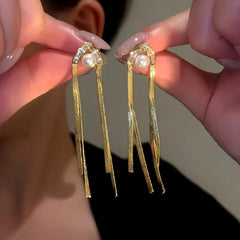 14K Gold-Plated Elegan Zircon Pearl Tassel Earrings - elegant Pearl Tassel Earrings