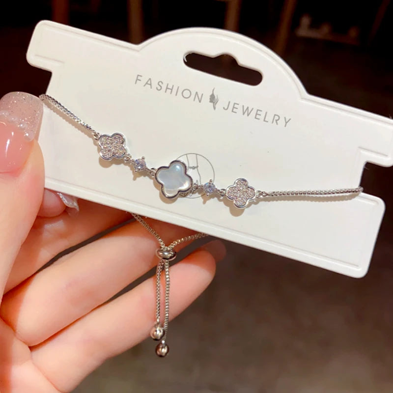 Full view of the elegant 14K Gold-Plated Elegant Adjustable Zircon Four-Leaf Bracelets