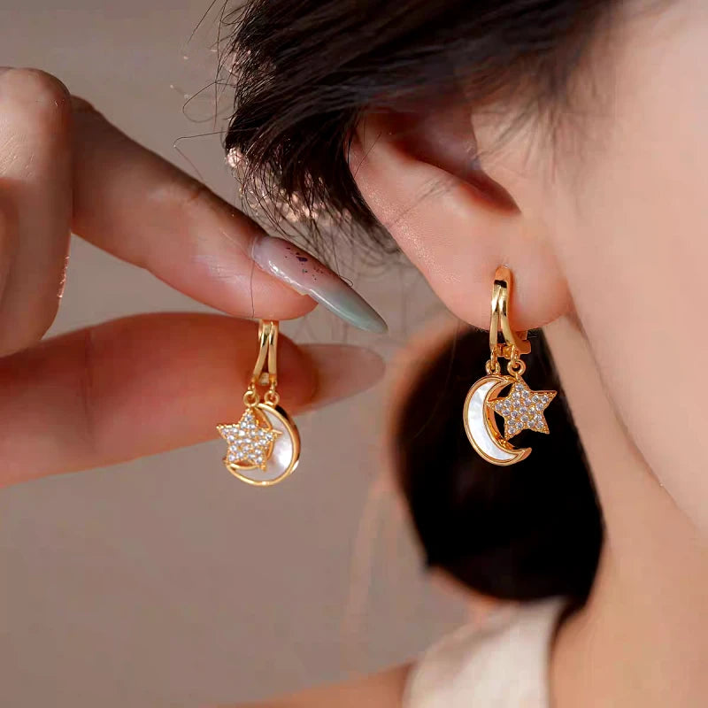 14K Gold-Plated Elegant And Exquisite Zircon Star And Oil Drop Moon Tassel Earrings - elegant Moon Tassel Earrings