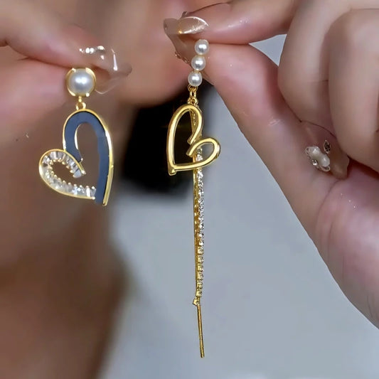 14K Gold-Plated Elegant Asymmetrical Zircon Diamond Heart Pearl Tassel Earrings - elegant Asymmetrical Pearl Earrings